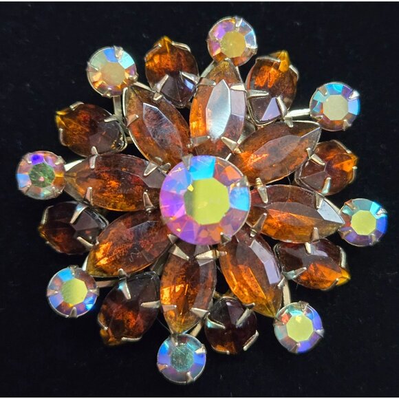 Vintage Amber, Aurora Borealis, Marquis and Round Rhinestone Brooch - Picture 1 of 6